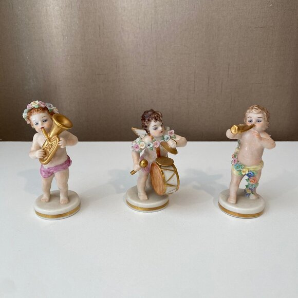 Irish Dresden Cherub Angel Figurines Set of 3 Musical Porcelain - Picture 1 of 6